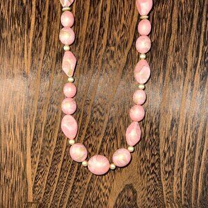 Vintage Pink & Gold Marbled Beaded Necklace With Faux Pearls & Gold-Tone Clasp